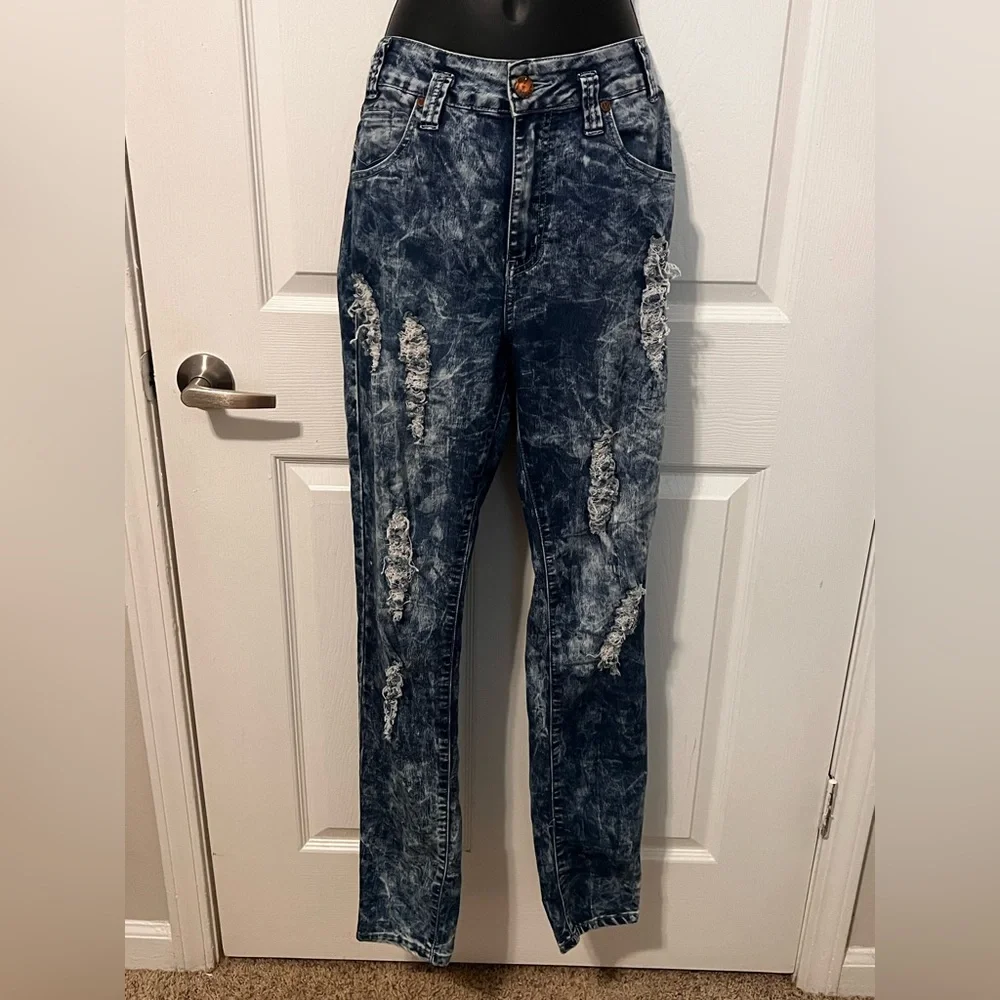 Distressed Blue Acid Wash Jeans - Picture 1 of 2